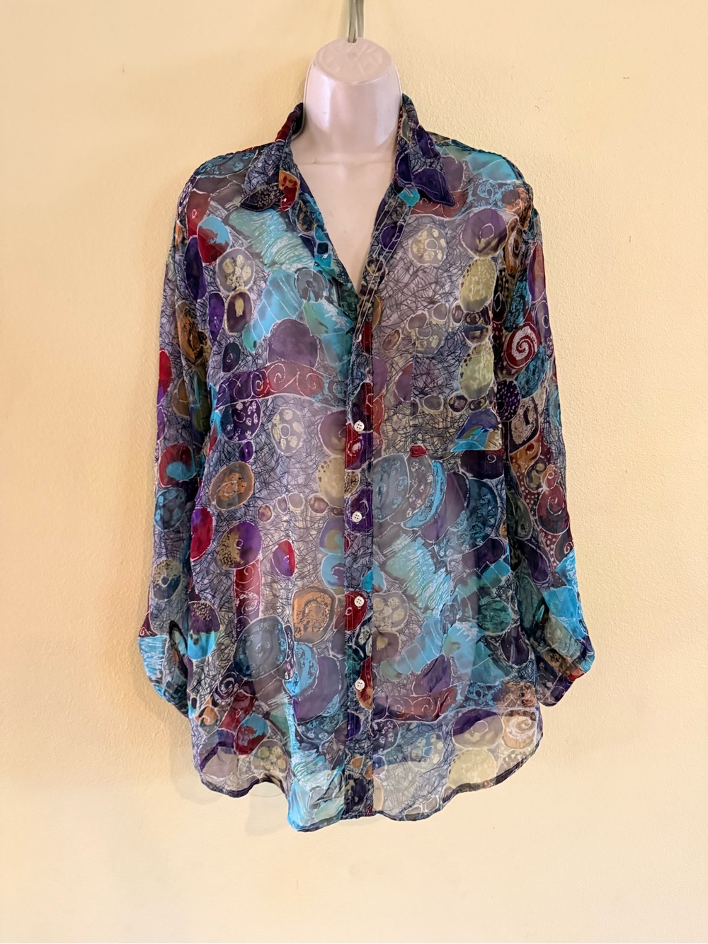 Guess by Marciano Sheer Multi-Color Swirl Button-Up Blouse Vintage size 4
